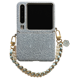 轻调 韩式蕾丝细闪蓝皮质珍珠山茶花手提链适用于华为PuraX手机壳全包新款purax典藏版折叠屏p50宝盒翻盖防摔