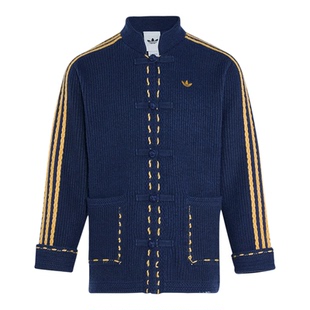 阿迪达斯三叶草男女装2026春款新中式宽松条纹针织开衫外套KR5064