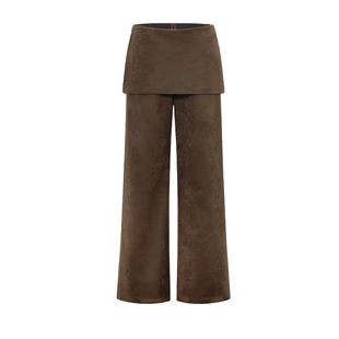 RARELY 假两件麂皮阔腿裙裤 咖色 直筒休闲裤女 美拉德秋冬新款