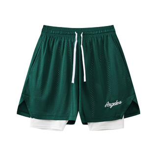 美式运动健身三分假两条短裤男大网眼不过膝高弹力速干训练篮球裤