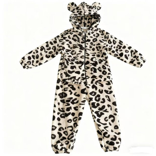 冬天加绒加厚连帽豹纹睡衣女秋冬季新款可爱珊瑚绒家居服礼盒装