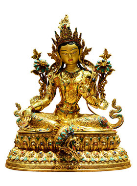 释迦族手工绿度母铜像摆件