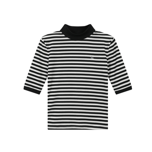 KSXN 半高领条纹修身短袖T恤女夏季莱赛尔显瘦气质百搭正肩上衣