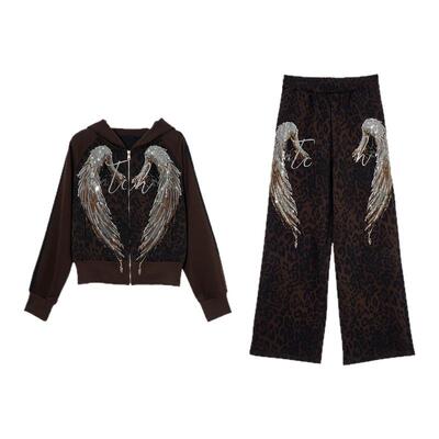TCH复古风豹纹烫钻天使之翼连帽外套休闲阔腿裤套装女T78A07E1053