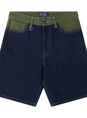 蓝布屋夏季复古水洗拼接牛仔短裤
