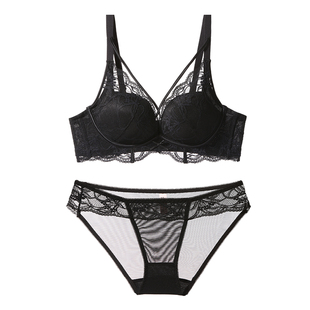 聚拢内衣女小胸显大收副乳防下垂纯欲风蕾丝2025新款爆款黑色套装
