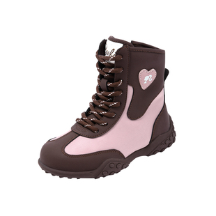 芭比童鞋女童靴子2025新款秋冬拳击鞋拼色加绒运动短靴儿童二棉鞋