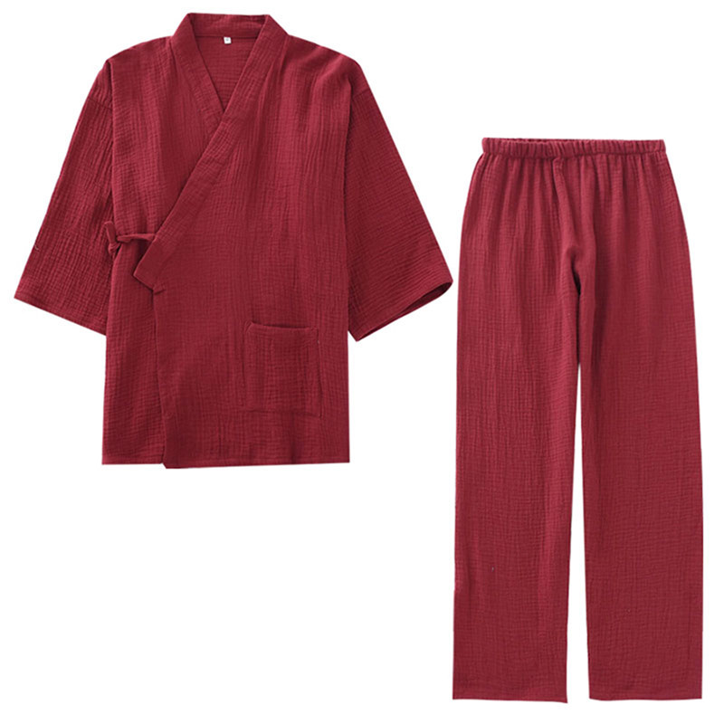 和服男春秋夏和服开衫双层纱布绉布宽松茶服红色本命年睡衣