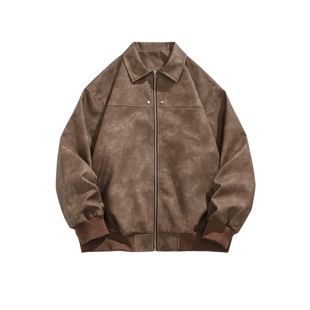 悟空有货美式复古棕色翻领皮衣外套男美拉德高级感麂皮绒情侣夹克
