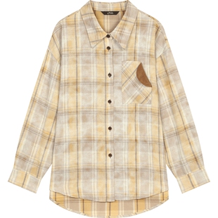 妖精的口袋原创手绘兔子印花长袖衬衫女2026早春新款复古格纹上衣