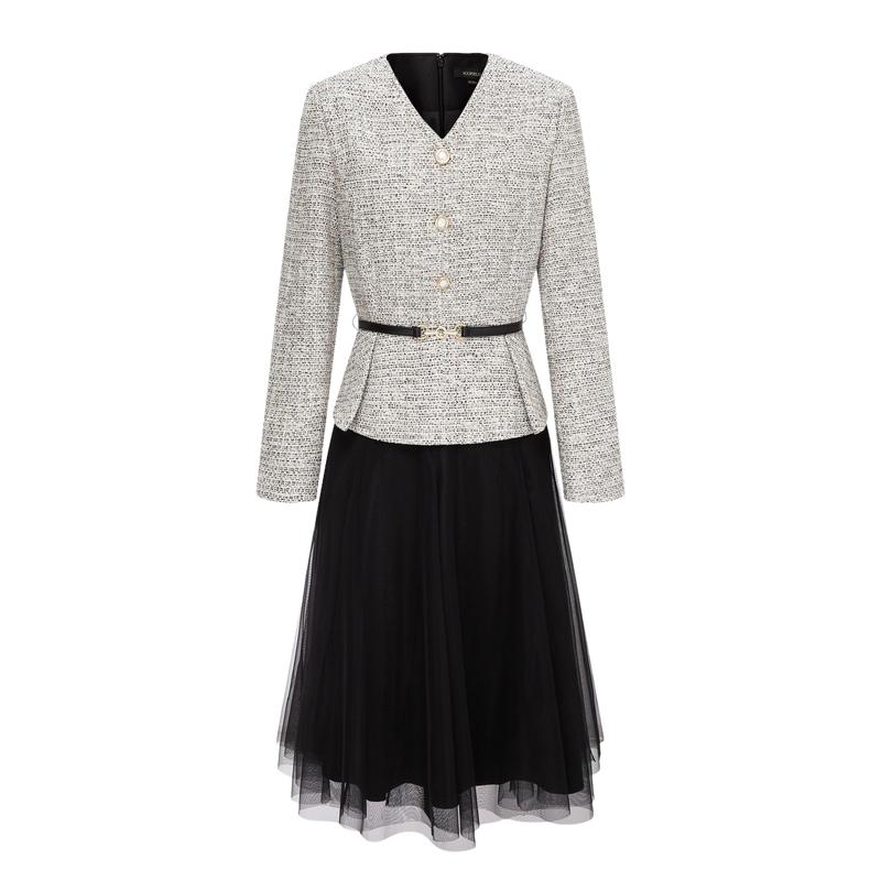 Scofield女装奢雅V领粗花呢网纱拼接收腰A摆连衣裙2025春季新品