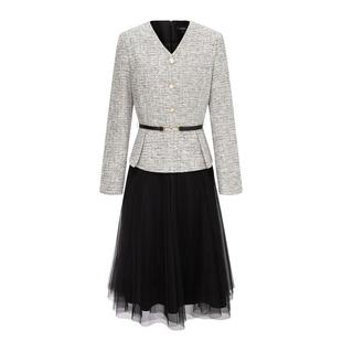 Scofield女装奢雅V领粗花呢网纱拼接收腰A摆连衣裙2025春季新品