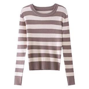 黑白条纹针织衫女长袖秋冬2025新款小个子上衣短款毛衣内搭打底衫