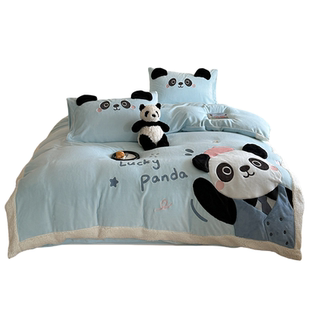 可爱熊猫福宝卡通牛奶绒四件套蓝色绒面加厚床单被套保暖冬季床品