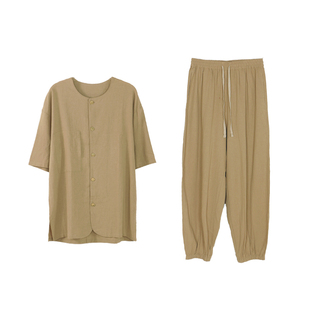 朵朵可可男士夏季透气短袖棉麻睡衣简约帅气圆领束脚裤家居服套装