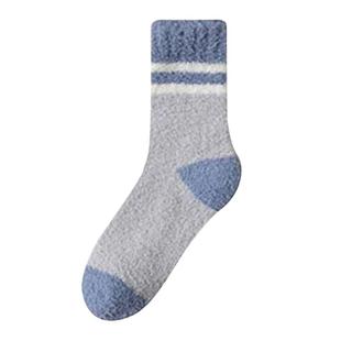 珊瑚绒袜子男秋冬中筒袜加绒加厚地板袜男士撞色保暖家居睡眠长袜