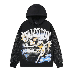 MIXED EMOTION美潮街头复古嘻哈烫钻印花宽松重磅纯棉连帽卫衣INS