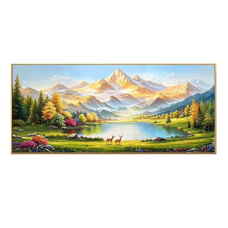 手绘油画客厅装饰画沙发背景墙挂画山水风景画日照金山美式轻奢