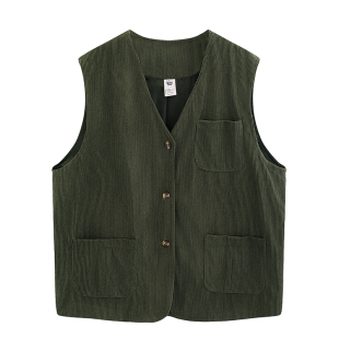 悟空有货日系复古多口袋灯芯绒工装马甲男女叠穿V领开衫背心外套