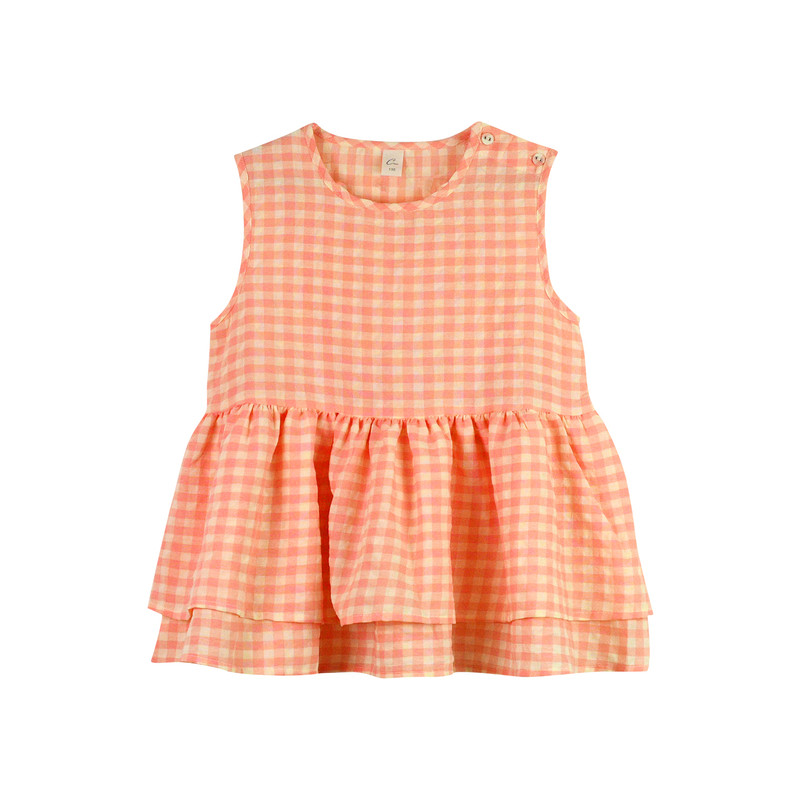 纯棉衣服夏装女孩格子无袖背小心