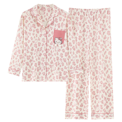 带胸垫纯棉睡衣女款春秋季长袖翻领可爱甜美少女卡通KT猫秋冬套装