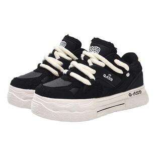 奇安达黑色学生面包鞋女款圆头厚底增高6CM情侣休闲板鞋男鞋秋季