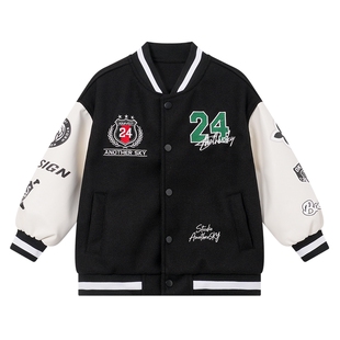 男童春秋学院风毛呢撞色棒球服外套2026新款儿童运动皮衣拼接夹克