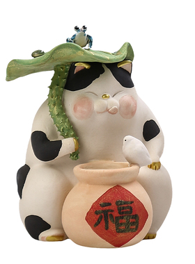 原创荷叶陶瓷手工软萌可爱猫咪桌面生日礼物乔迁入户家装饰小摆件