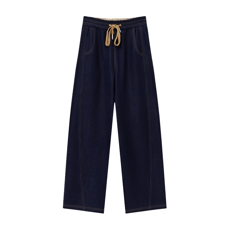 Basic House/百家好松紧腰直筒牛仔裤秋冬新款抽绳阔腿长裤2025女