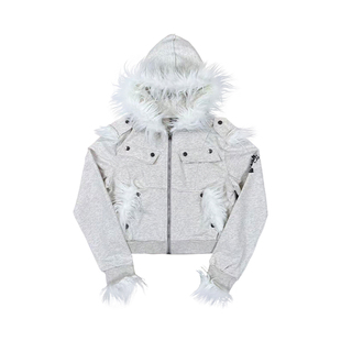 街头朋克风短款外套女秋冬毛边拼接连帽夹克视觉系宽松轻亚比上衣