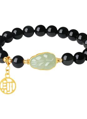 天然黑曜石双彩叶子手链手串