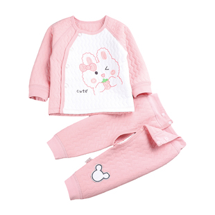 婴儿冬季夹棉套装新生初生儿三层保暖内衣穿分体睡衣家居服两件套