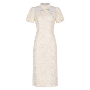 固执《浮生》夏季新款新中式盘扣蕾丝短袖改良短旗袍80142QP09137