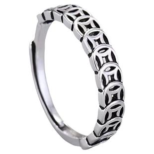 S925纯银招财转运复古戒指女平安聚财钱币个性简约小众开口指环潮