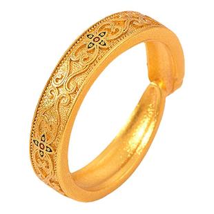 古法沙金指圈大小可调节龙梅花莲花宽窄戒指男女款黄金色复古配饰