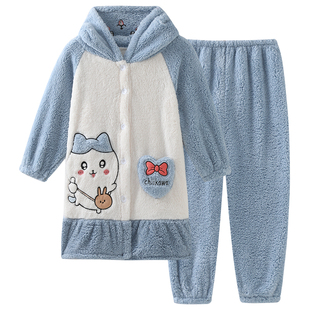 chiikawa小八女童珊瑚绒睡袍冬季加厚法兰绒中长款睡衣家居服套装