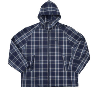 Aurocean 廓形中长连帽格子外套  粗针蓝色系大格子宽松大版风衣