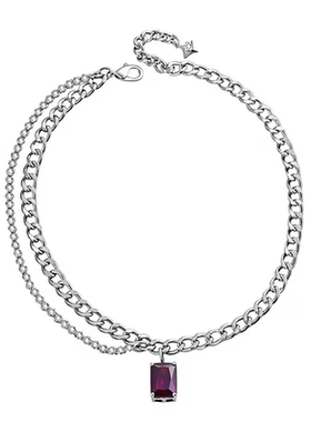 不对称方形紫锆石吊坠短项链女