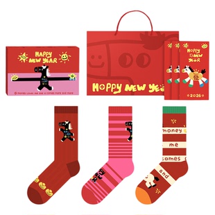 YNWX袜子女款本命年马年设计师款红袜子红色中筒袜情侣礼盒装礼物