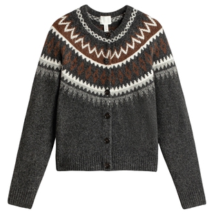 HM女装毛针织衫冬季新款费尔岛风红色毛衫羊毛混纺毛衣1000051