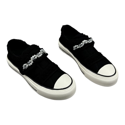 水钻魔术贴平底帆布鞋低帮单鞋女