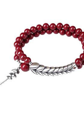 天然朱砂手串女款银麦穗双圈叠戴岁岁平安本命年礼物朱砂手链正品