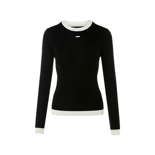 朗姿设计感撞色纯羊毛法式撞色黑色打底衫毛衣2024秋新款毛针织衫