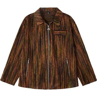 NMAX大码潮牌男装秋新品肌理感条纹加肥加大绒感炫丽夹克外套