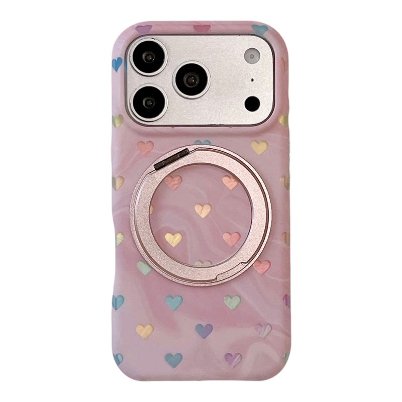 ins风韩系大理石纹彩色爱心适用苹果18promax手机壳17磁吸iPhone16自带360度旋转支架15高级感少女心保