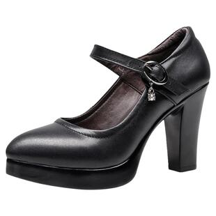 真皮走秀鞋女模特粗跟防水台配旗袍高跟鞋尖头一字扣单鞋女工作鞋