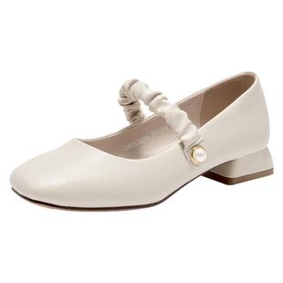大东法式浅口单鞋女2026新款春季百搭女鞋晚晚鞋白色粗跟玛丽珍鞋