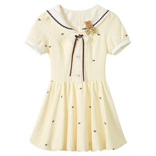 织物猪 绵糖云朵 miu系甜美风花苞连衣裙女夏季海军领减龄短裙子