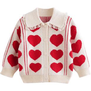 马克珍妮女童柔蓝绒爱心提花毛衣儿童新年红色针织开衫冬装221386