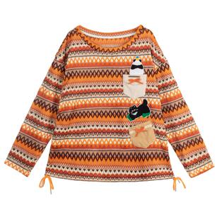 KEIKO 落日橘色织条纹针织衫薄2026春季南法复古贴花宽松长袖上衣